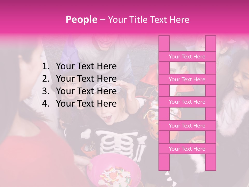 Six Children In Costumes Trick Or Treating At Woman's House PowerPoint Template