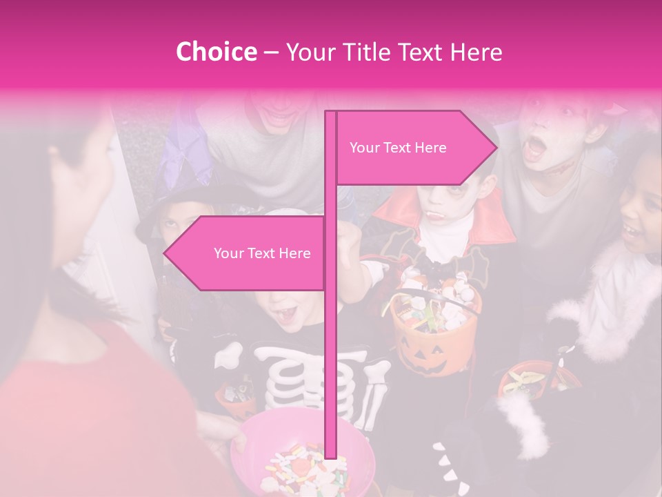 Six Children In Costumes Trick Or Treating At Woman's House PowerPoint Template