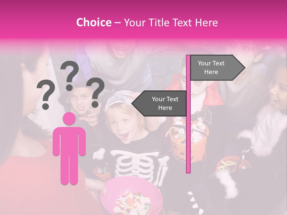 Six Children In Costumes Trick Or Treating At Woman's House PowerPoint Template