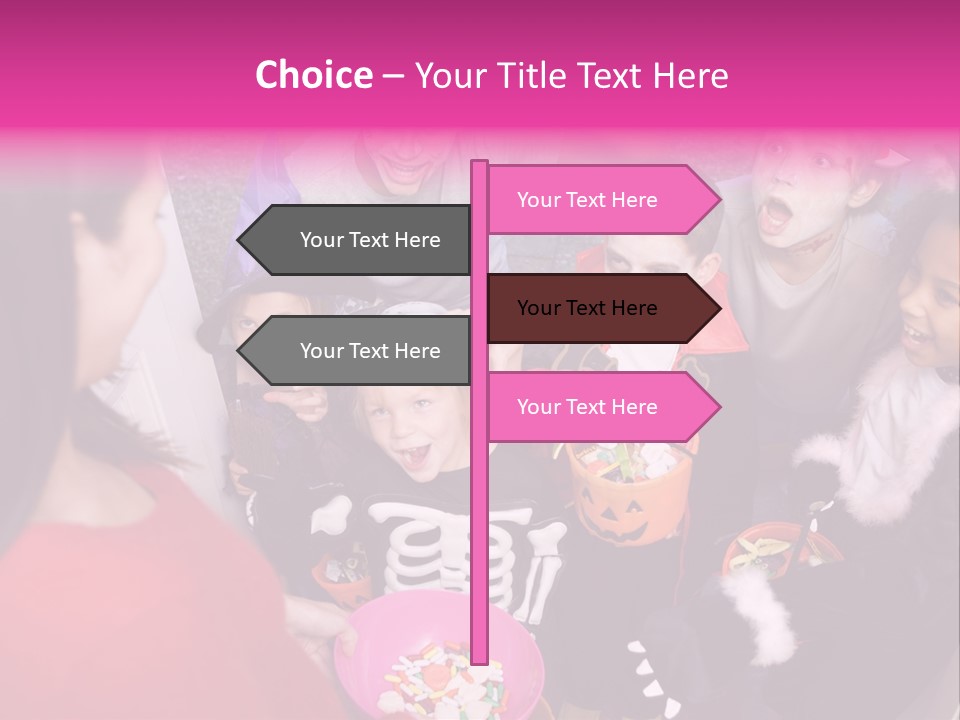 Six Children In Costumes Trick Or Treating At Woman's House PowerPoint Template