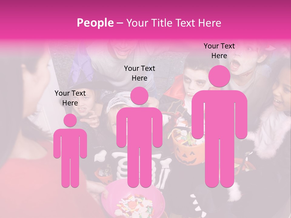 Six Children In Costumes Trick Or Treating At Woman's House PowerPoint Template