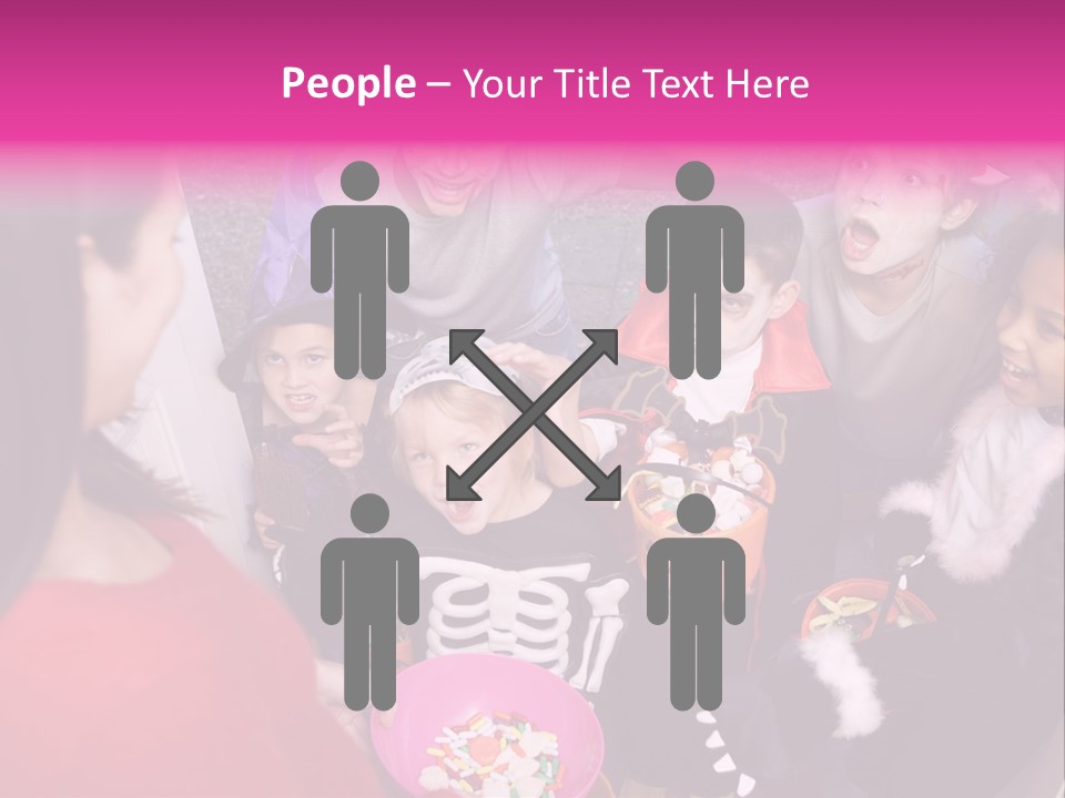Six Children In Costumes Trick Or Treating At Woman's House PowerPoint Template