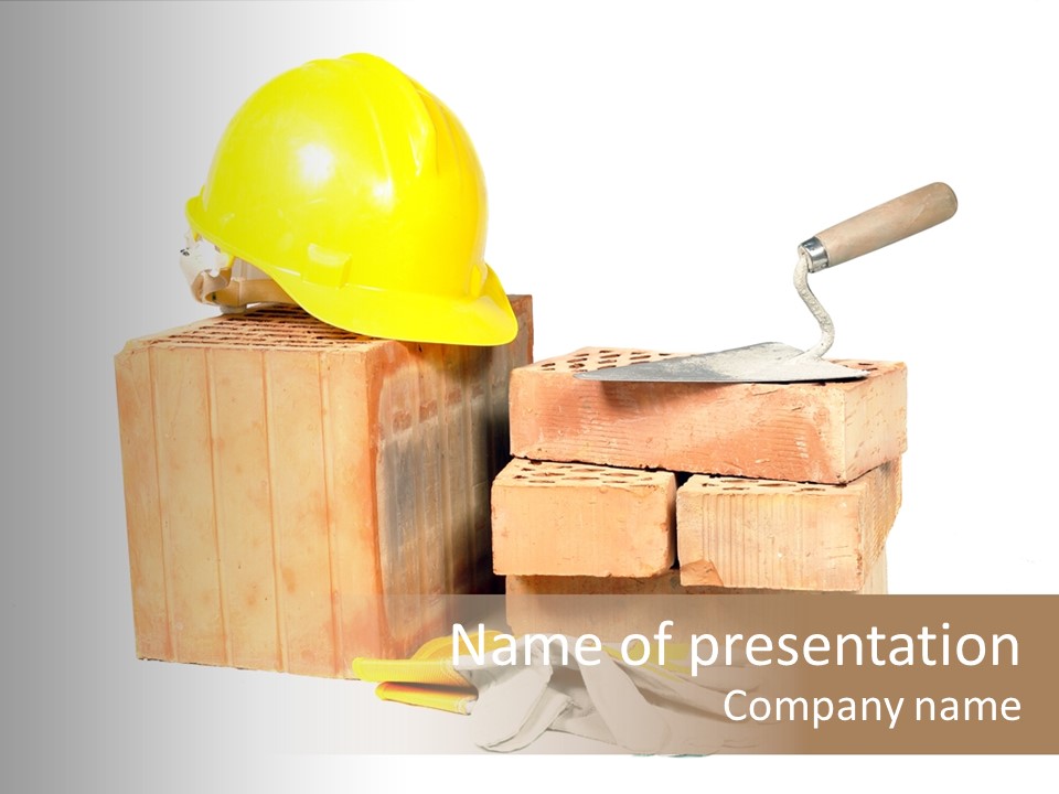 Perforated Bricks, Stainless Steel Trowel, Yellow Helmet And Protective Gloves Isolated On White PowerPoint Template