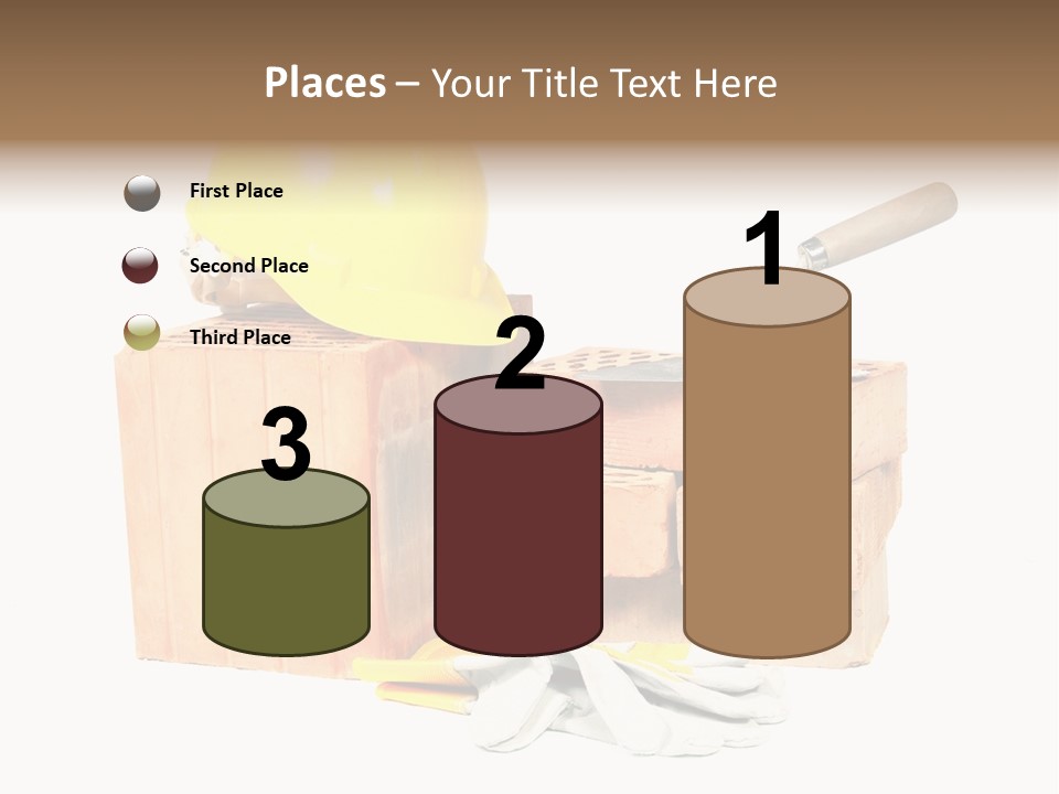 Perforated Bricks, Stainless Steel Trowel, Yellow Helmet And Protective Gloves Isolated On White PowerPoint Template