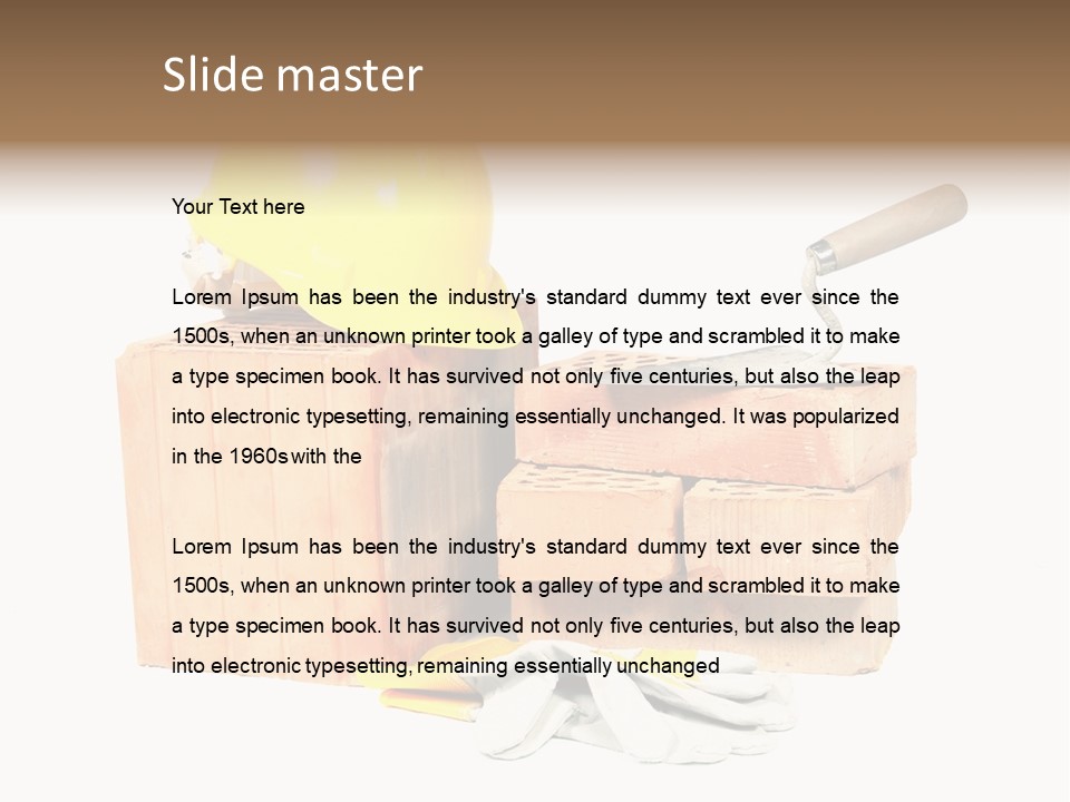 Perforated Bricks, Stainless Steel Trowel, Yellow Helmet And Protective Gloves Isolated On White PowerPoint Template