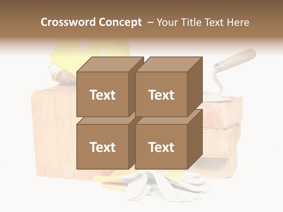 Perforated Bricks, Stainless Steel Trowel, Yellow Helmet And Protective Gloves Isolated On White PowerPoint Template