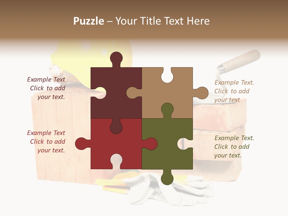 Perforated Bricks, Stainless Steel Trowel, Yellow Helmet And Protective Gloves Isolated On White PowerPoint Template