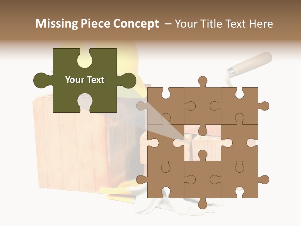 Perforated Bricks, Stainless Steel Trowel, Yellow Helmet And Protective Gloves Isolated On White PowerPoint Template