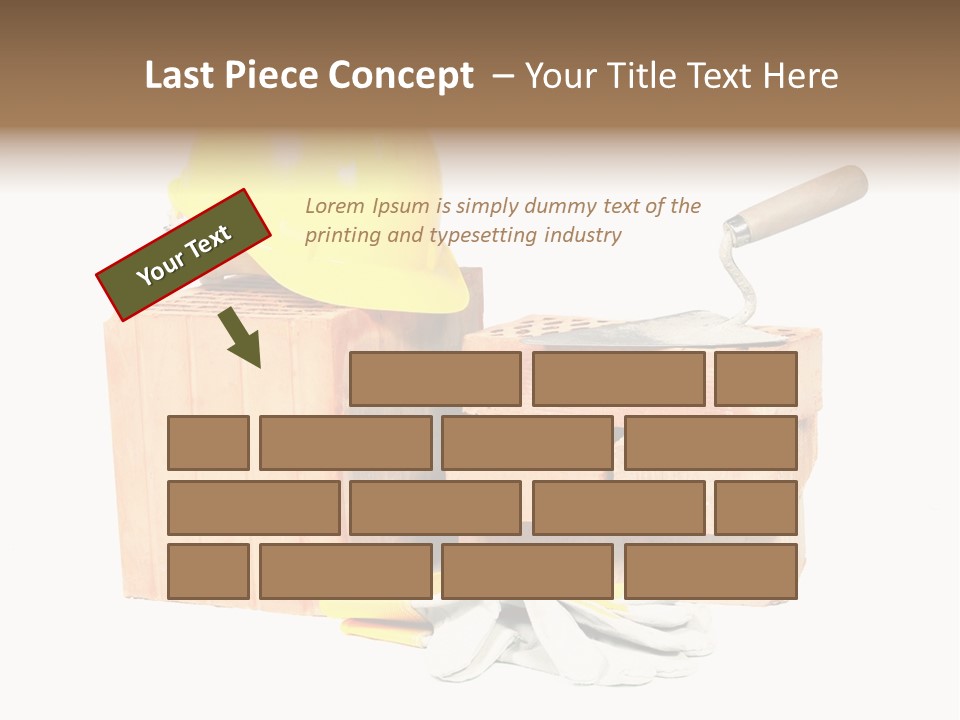 Perforated Bricks, Stainless Steel Trowel, Yellow Helmet And Protective Gloves Isolated On White PowerPoint Template
