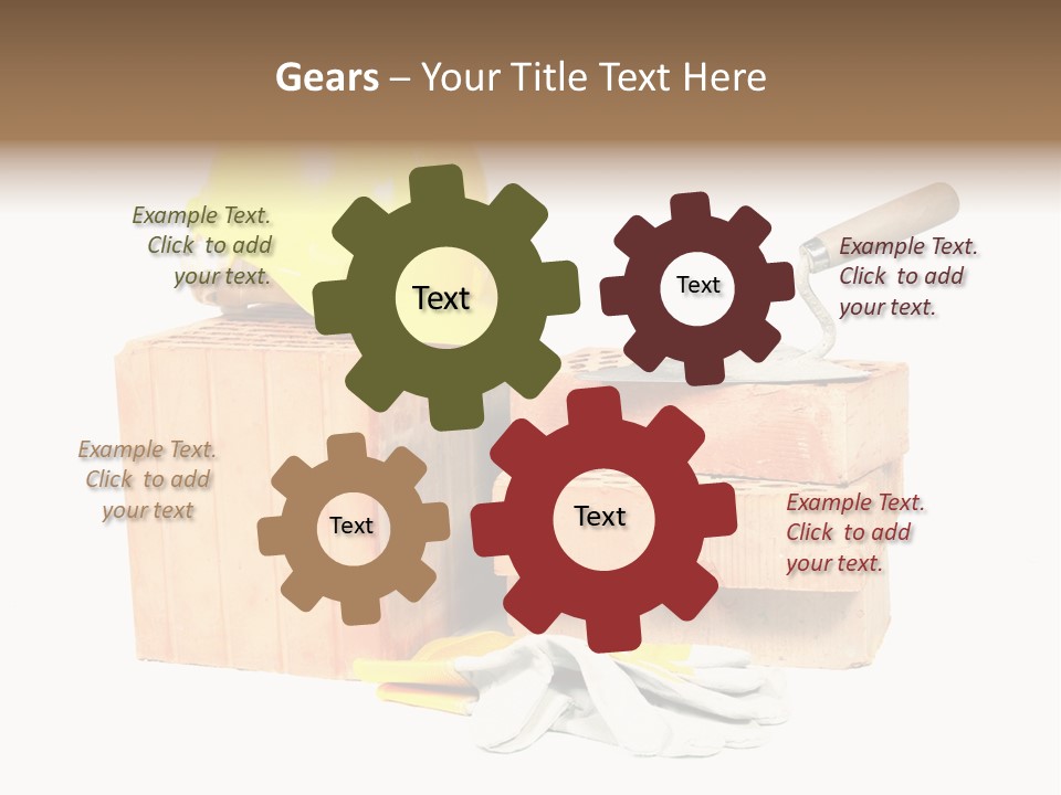 Perforated Bricks, Stainless Steel Trowel, Yellow Helmet And Protective Gloves Isolated On White PowerPoint Template