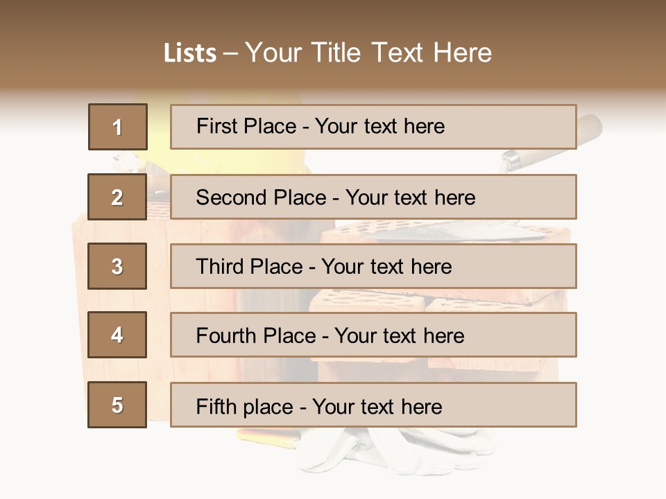 Perforated Bricks, Stainless Steel Trowel, Yellow Helmet And Protective Gloves Isolated On White PowerPoint Template