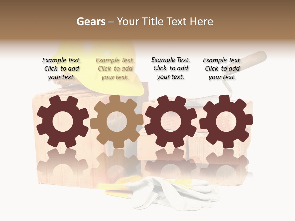 Perforated Bricks, Stainless Steel Trowel, Yellow Helmet And Protective Gloves Isolated On White PowerPoint Template