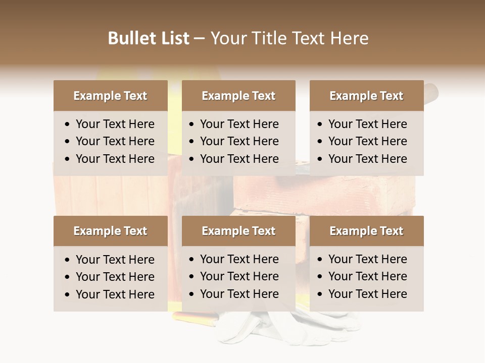 Perforated Bricks, Stainless Steel Trowel, Yellow Helmet And Protective Gloves Isolated On White PowerPoint Template