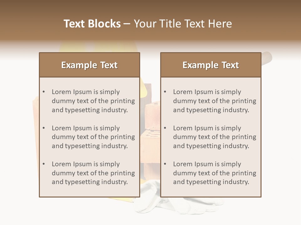 Perforated Bricks, Stainless Steel Trowel, Yellow Helmet And Protective Gloves Isolated On White PowerPoint Template