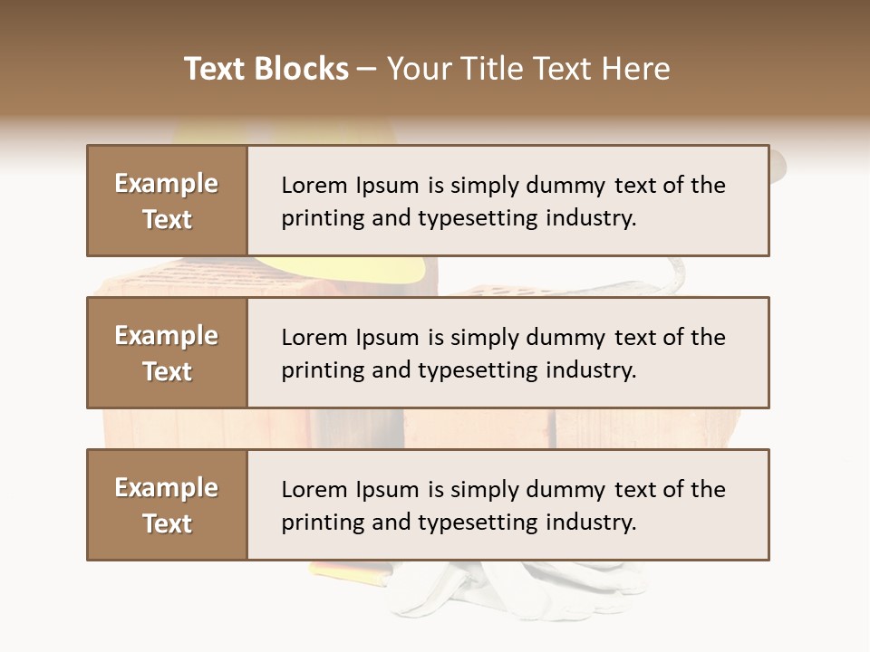 Perforated Bricks, Stainless Steel Trowel, Yellow Helmet And Protective Gloves Isolated On White PowerPoint Template