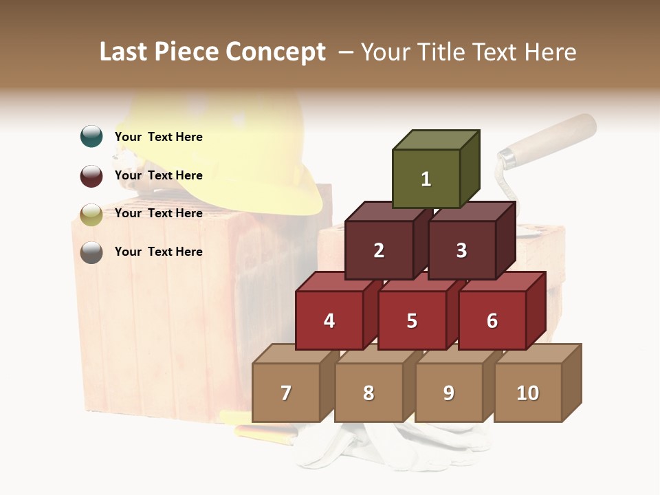 Perforated Bricks, Stainless Steel Trowel, Yellow Helmet And Protective Gloves Isolated On White PowerPoint Template