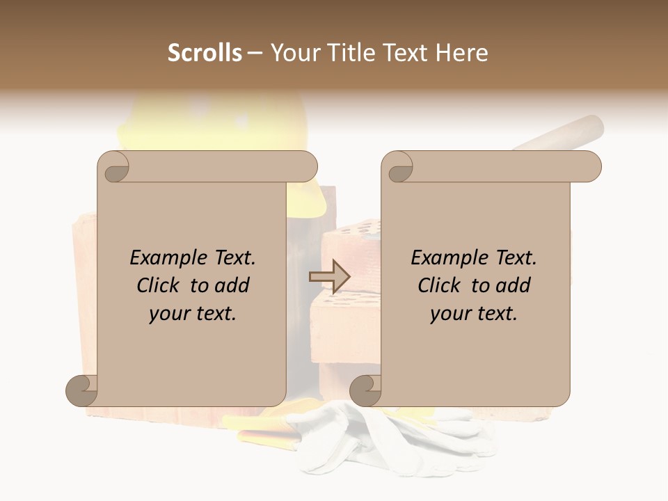 Perforated Bricks, Stainless Steel Trowel, Yellow Helmet And Protective Gloves Isolated On White PowerPoint Template