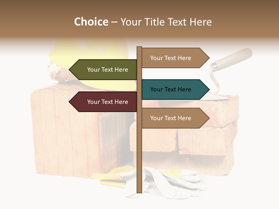 Perforated Bricks, Stainless Steel Trowel, Yellow Helmet And Protective Gloves Isolated On White PowerPoint Template