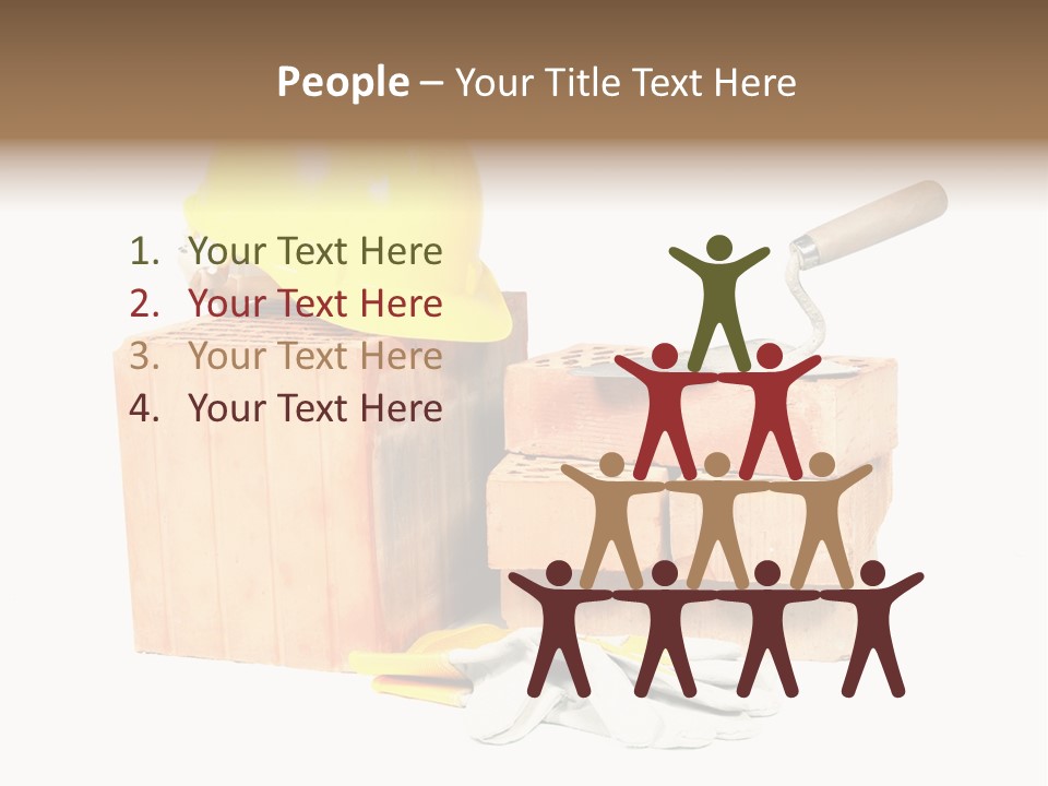 Perforated Bricks, Stainless Steel Trowel, Yellow Helmet And Protective Gloves Isolated On White PowerPoint Template