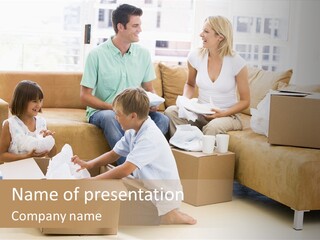 Family Unpacking Boxes In New Home Smiling PowerPoint Template