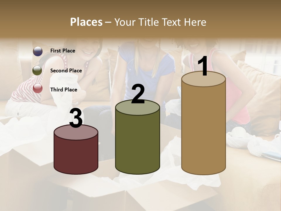 Three Girl Friends Unpacking Boxes In New Home Smiling PowerPoint Template