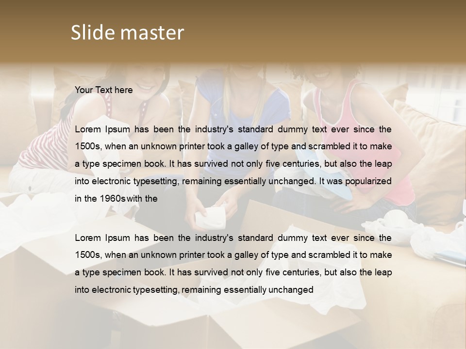 Three Girl Friends Unpacking Boxes In New Home Smiling PowerPoint Template