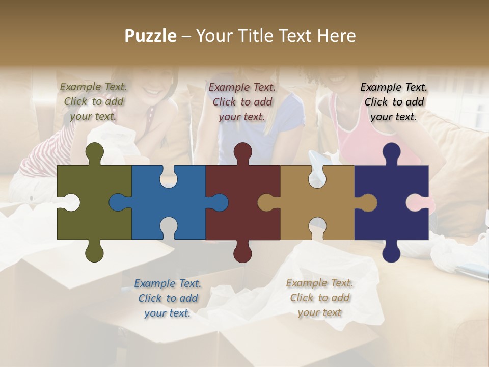 Three Girl Friends Unpacking Boxes In New Home Smiling PowerPoint Template