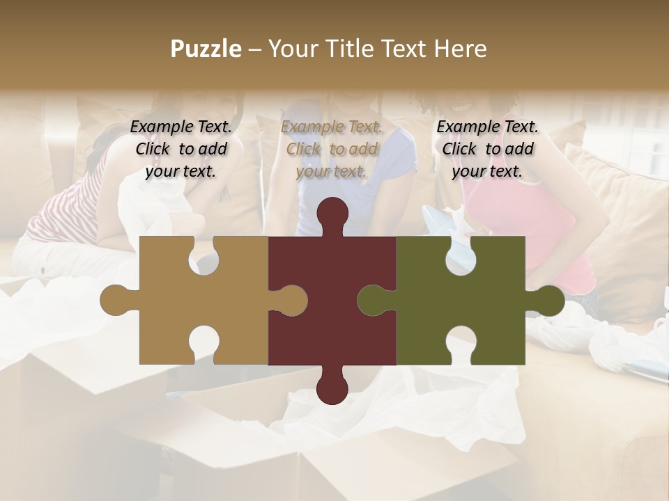Three Girl Friends Unpacking Boxes In New Home Smiling PowerPoint Template