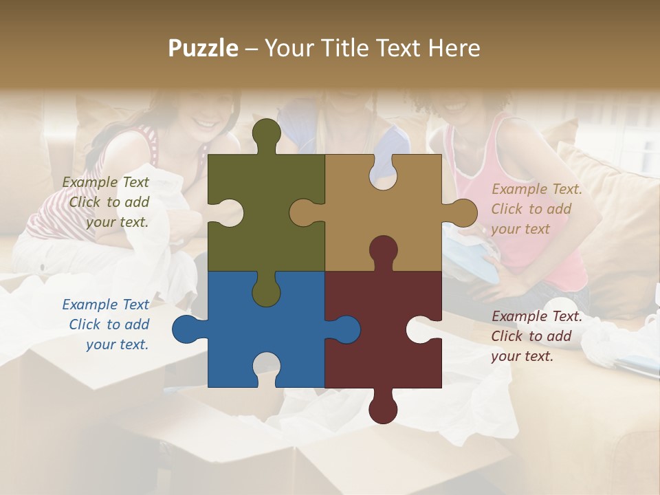 Three Girl Friends Unpacking Boxes In New Home Smiling PowerPoint Template