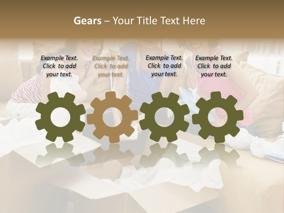 Three Girl Friends Unpacking Boxes In New Home Smiling PowerPoint Template