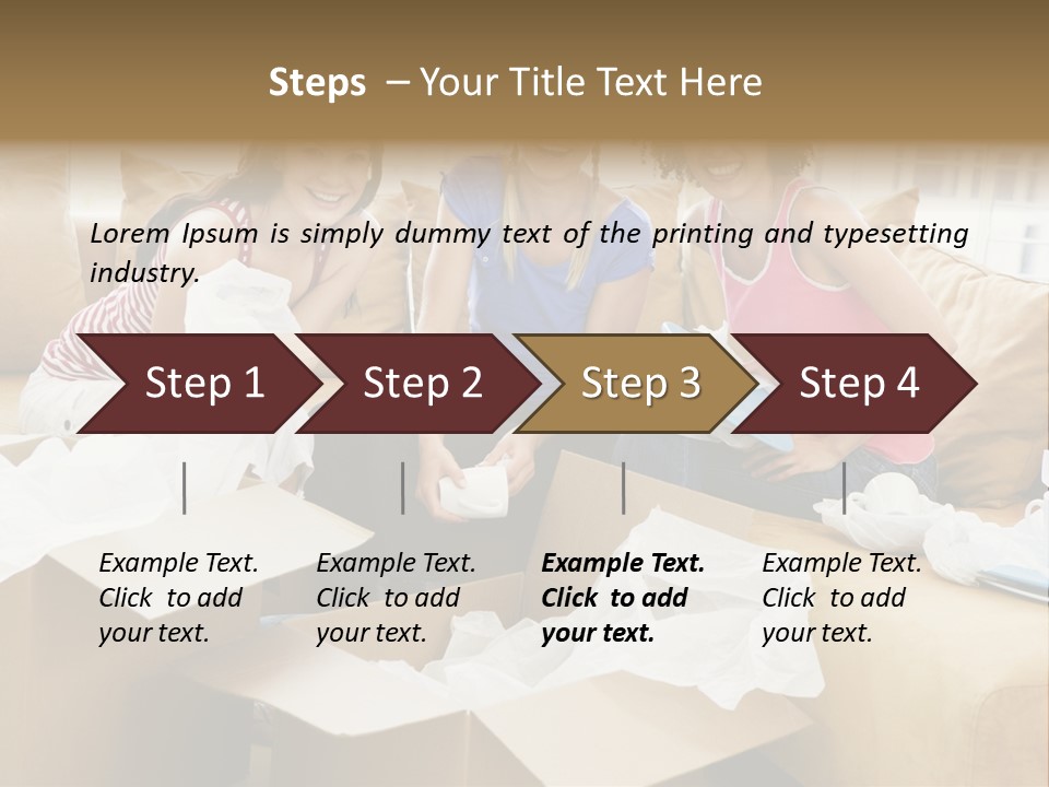 Three Girl Friends Unpacking Boxes In New Home Smiling PowerPoint Template