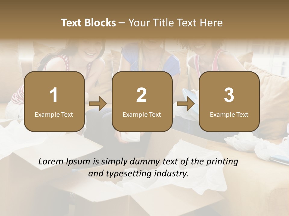 Three Girl Friends Unpacking Boxes In New Home Smiling PowerPoint Template