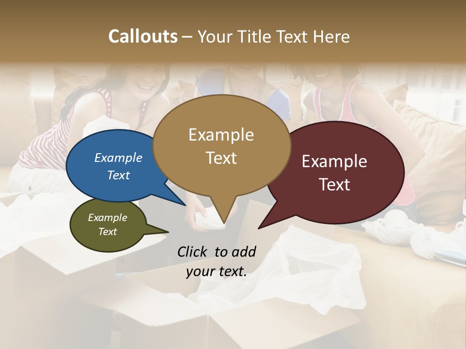 Three Girl Friends Unpacking Boxes In New Home Smiling PowerPoint Template