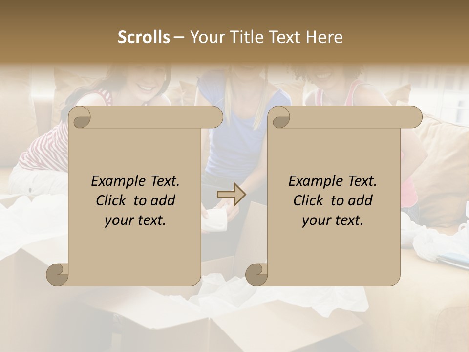 Three Girl Friends Unpacking Boxes In New Home Smiling PowerPoint Template