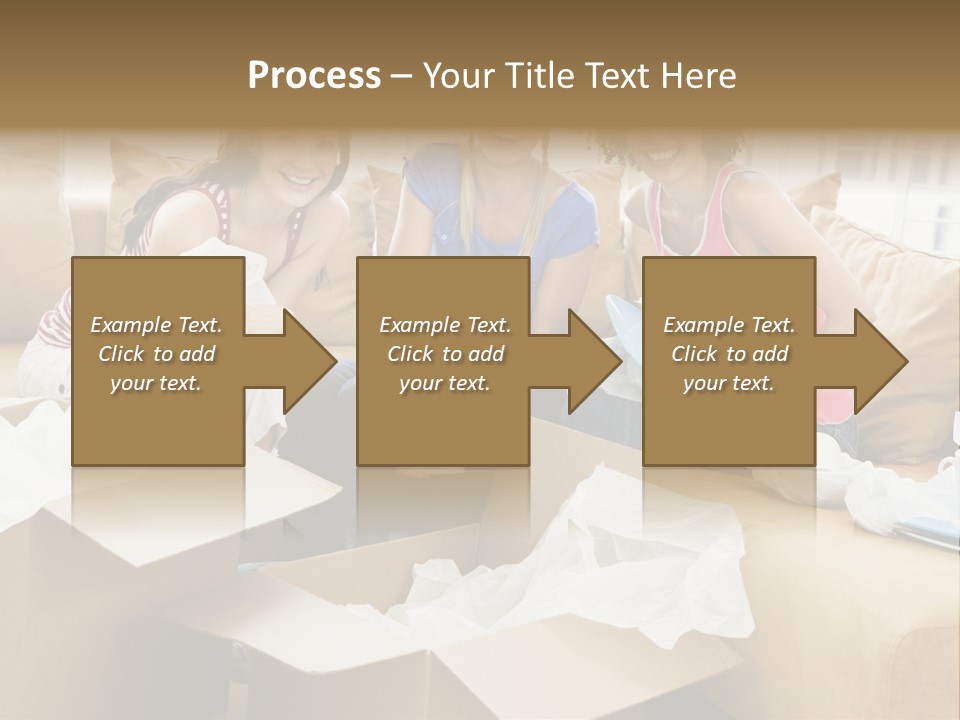 Three Girl Friends Unpacking Boxes In New Home Smiling PowerPoint Template