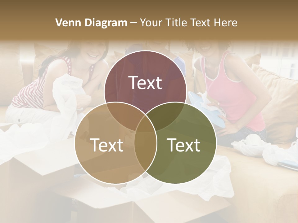 Three Girl Friends Unpacking Boxes In New Home Smiling PowerPoint Template