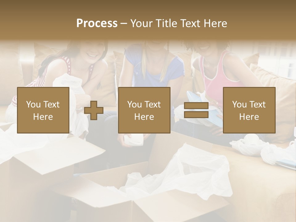 Three Girl Friends Unpacking Boxes In New Home Smiling PowerPoint Template