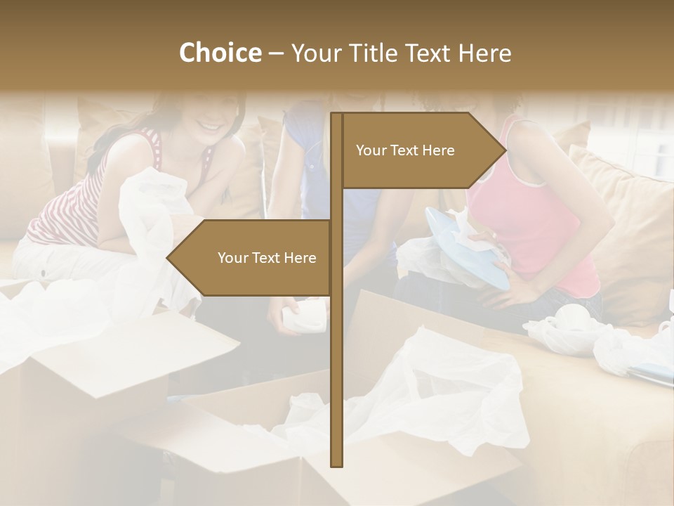 Three Girl Friends Unpacking Boxes In New Home Smiling PowerPoint Template