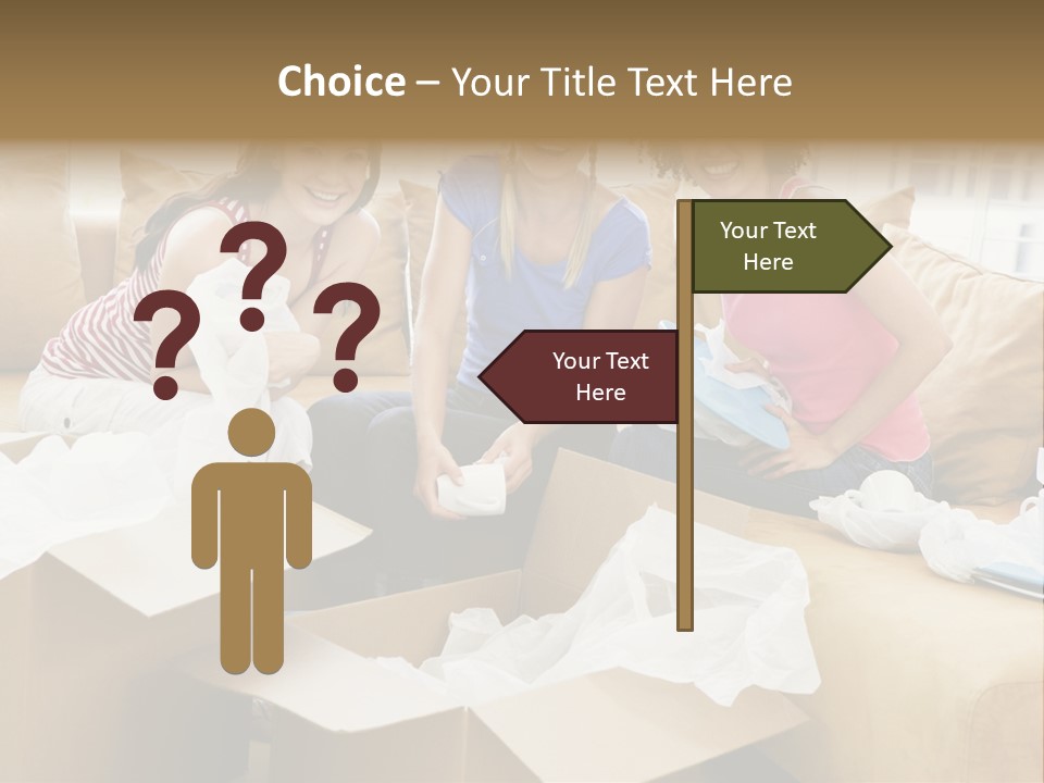 Three Girl Friends Unpacking Boxes In New Home Smiling PowerPoint Template