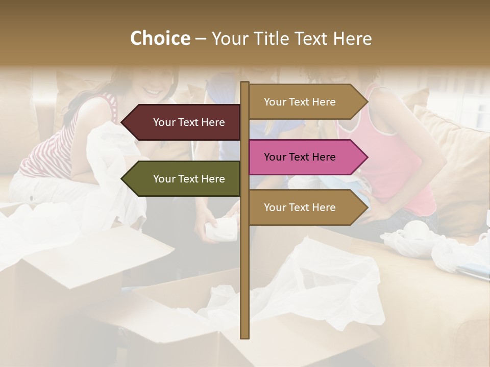 Three Girl Friends Unpacking Boxes In New Home Smiling PowerPoint Template