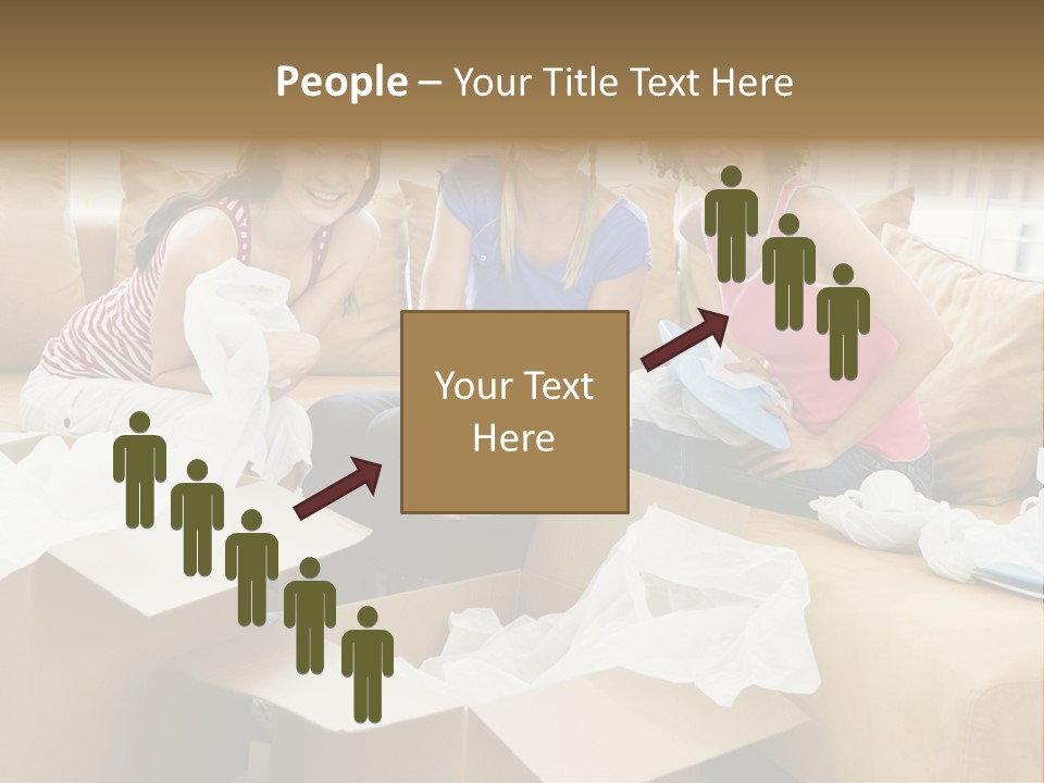 Three Girl Friends Unpacking Boxes In New Home Smiling PowerPoint Template