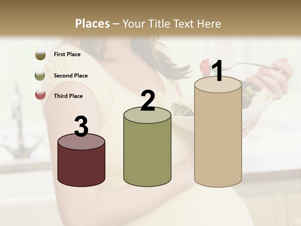 Pregnant Woman In Kitchen Eating A Salad Smiling PowerPoint Template