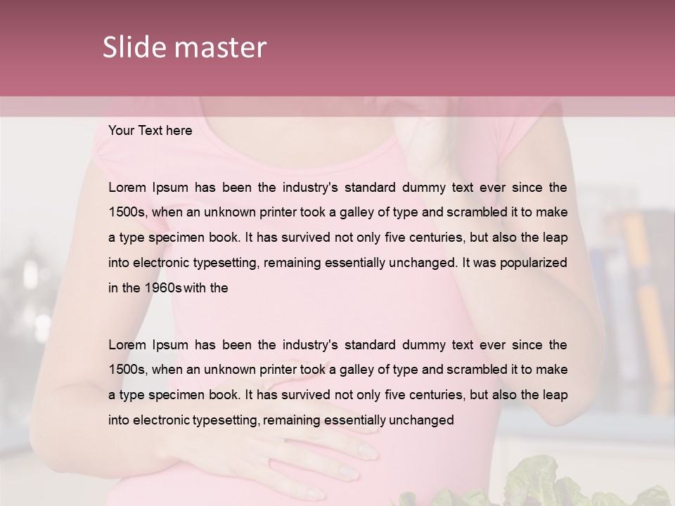 Pregnant Woman In Kitchen Making A Salad And Smiling PowerPoint Template