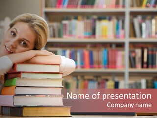 Portrait Of Tired Student Lying On The Stack Of Books PowerPoint Template