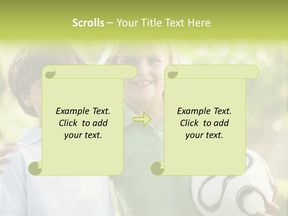 Two Young Boys Outdoors With Soccer Ball Smiling PowerPoint Template