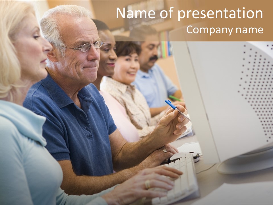 A Group Of People Looking At A Computer Screen PowerPoint Template