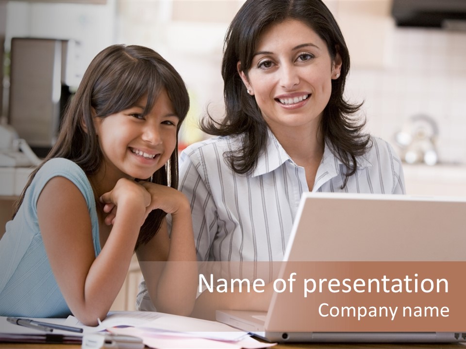 A Woman And A Girl Sitting In Front Of A Laptop Computer PowerPoint Template