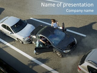 A Small Shunt On The Freeway (Motorway, Autoroute, Autobahn) A Few Seconds After It Happened. Smoke Is Coming From Under The Bonnet Of The Black Car. Motion Blur On The Passenger Fleeing In Panic. PowerPoint Template