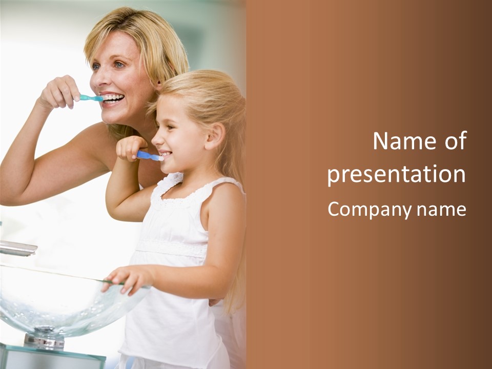 Woman And Young Girl In Bathroom Brushing Teeth PowerPoint Template