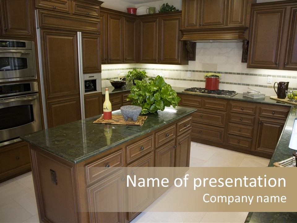 A Large Kitchen With A Center Island With A Wine Bottle On It PowerPoint Template